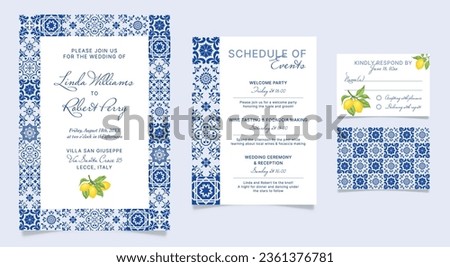 Blue Tile Wedding Invitation, bridal shower vector.Mediterranean Blue Tiles Wedding Invitation, Portuguese Tiles Invitation Template, Italian wedding invitation. Bridal shower ideas, Azulejos Spanish.