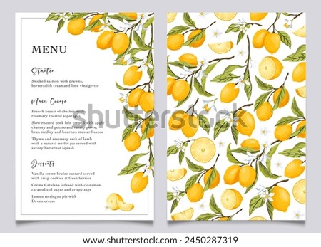 Lemon citrus menu card template. Summer wedding food selection card. Italian wedding menu. Summer dinner, citrus bridal shower menu. Capri bridal menu. Vector Illustration.