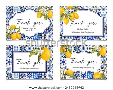 Amalfi Coast Thank You Card Printable Template, Lemon Citrus Mediterranean decor with blue tiles, Coastal Italian theme tuscan beach party. Set of wedding and bridal shower cards. Vector illustration