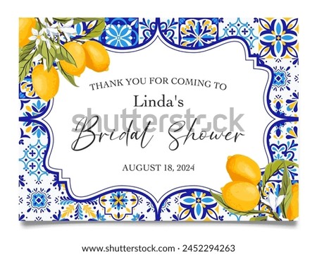 Blue Tiles and Lemons Bridal Shower Thank You Card Card. Lemon Positano Bridal Shower. Mediterranean, Portugues Italian Blue Tiles. Talavera Party Template. Vector illustration.