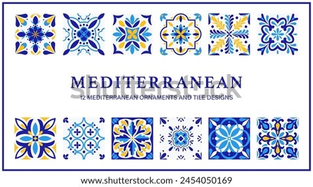 Set of Mediterranean ornaments and tiles. Spanish, Portuguese Italian Blue and Yellow Tiles. Vector illustration. 