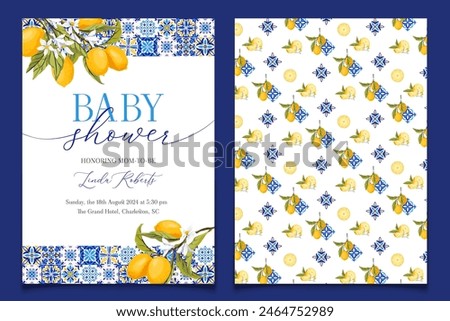 Lemon Blue Tile Baby Shower Invitation Template, Mediterranean Amalfi Coast Baby Shower Invitation. Italian theme Tuscan beach party, Coastal Baby. Vector illustration. 