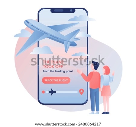 Girl and man waving goodbye to a departing plane. In the background mobile phone displays the plane taking off with an option to track the flight in real-time. Modern travel mobile app concept. Vector