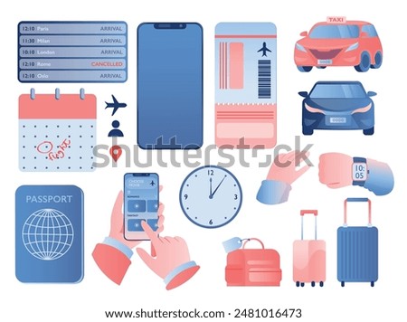 Travel set featuring arrival-departure timetable, calendar, international passport, mobile phone, flight ticket, hands holding mobile, wall clock, suitcase, pet carrier, taxi and rental car. Vector.