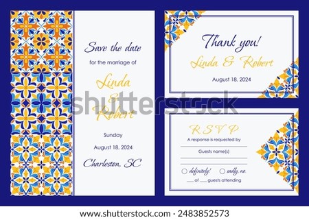 Wedding Invitation set with Italian ceramic tile pattern. Save the date, thank you, RSVP template. Mediterranean porcelain pottery. Talavera, azulejo, majolica, arabesque motif. Vector illustration.