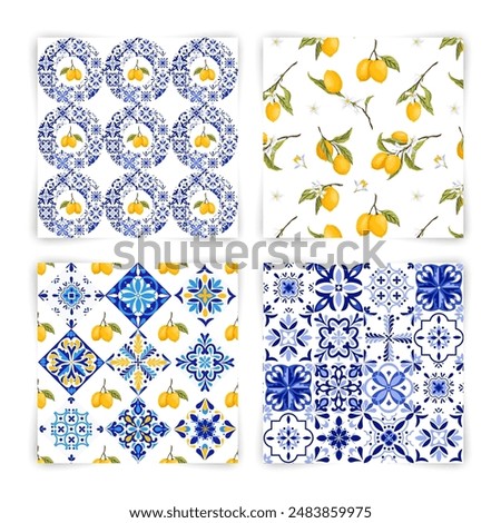 Set of Mediterranean Amalfi Coast patterns. Citrus on ceramic tile. Portuguese, Sicilian, Spanish tile traditional design. Backdrop for wrapping paper, wallpaper, fabric, textile. Vector illustration.