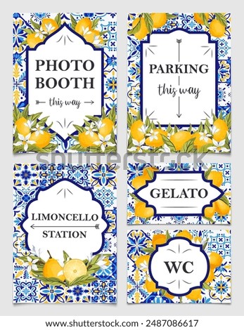 Blue tiles and lemon wedding signposts, Mediterranean bridal shower road signs, Lemon direction pointer signs. Themed Amalfi coast party decoration. Vector illustration.