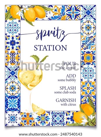 Aperol cocktail with ice and slice of lemon for cocktail bar or summer party. Alcohol cocktail with beach bar and cafe menu. Mediterranean themed Amalfi coast party decoration. Vector illustration