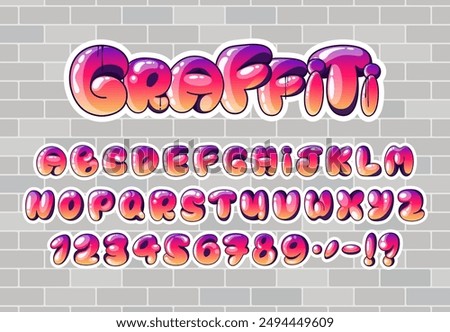 Graffiti Bubble Alphabet. Purple to orange gradient graffiti bubble font with uppercase letters, numbers and punctuation. Brick wall on the background. Perfect for street art, urban designs and logos.