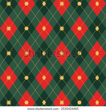 Seamless argyle plaid Christmas pattern. Traditional Scottish ornament in green, red and yellow rhombuses. Background with lozenge diamonds and octagonal stars. Fabric texture. Vector illustration.