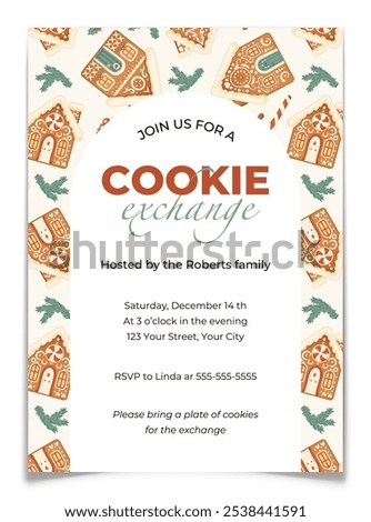 Gingerbread Cookie Exchange Invitation Template. Holiday cookie swap event. New year party invite postcard. Gingerbread house with white icing, peppermint candies, pine branches. Vector illustration.