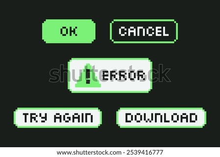 Pixel Art Retro UI buttons set. Y2K computer message icons collection. 8-bit acid green PC design elements collection. Ok, cancel, try again, download commands. Vintage game style. Vector illustration