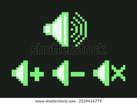 Pixel art retro UI sound control buttons set. Y2K computer interface icons collection. 8-bit acid green media player elements. Volume up, volume down, mute and speaker buttons. Vector illustration.