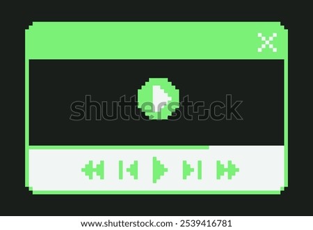 Pixel Art Retro Music Player Window User Interface. Audio, media, video player widget with song duration bar. Retro 8bit UI design element for music app. Pause, play, skip buttons. Vector illustration