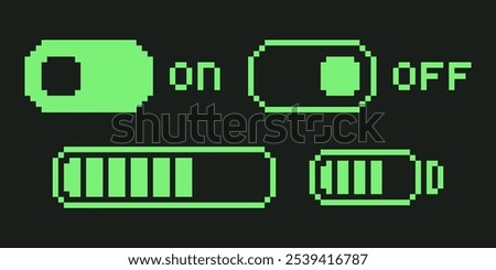 Pixel art retro toggle switch and battery charge indicator icons set. Y2K computer interface elements collection. 8-bit acid green accumulator level. Turn on and off mode buttons. Vector illustration.