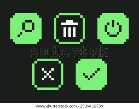 Pixel Art Retro UI buttons set. Y2K computer interface icons collection. 8-bit acid green PC design elements. Search, trash bin, power, close, and check mark buttons. Vector illustration.