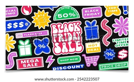 Black Friday Banner, Stickers Collage Background. Colorful groovy font. Get 50 off sale. Pop art badges post for social media. Discount price promo poster. Y2k trendy sticker. Vector illustration