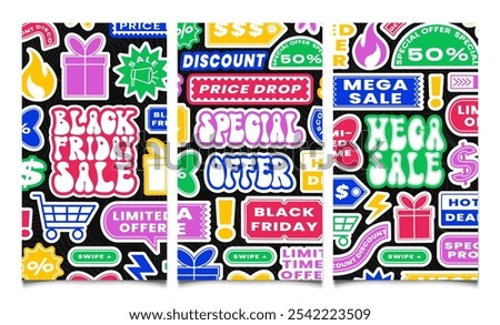 Black Friday Social Media Post Sticker Collage Set. Colorful groovy font. Get 50 off sale. Pop art badges vertical post for social media. Discount price promo poster. Vector illustration.