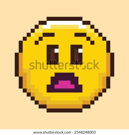 Retro pixel art emoji icon expressing surprise or shock. Bright yellow circle face with wide eyes, raised eyebrows and open mouth. Funny 8 bit flat style confused emoticon. Vector illustration.