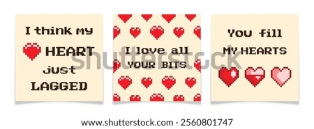 Pixel Art Heart Icon Valentines Day Greeting Cards Set. 8 bit holiday postcards collection. Cute lovely emojis. Video game user interface red elements. Romance gaming concept. Vector illustration.