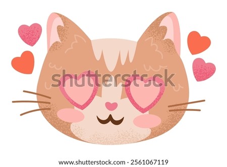 Cartoon red cat face with heart shaped eyes. Valentines Day character in love. Lovely ginger kitty head. Romance concept. Cute textured hand drawn animal. Isolated vector illustration in flat style.