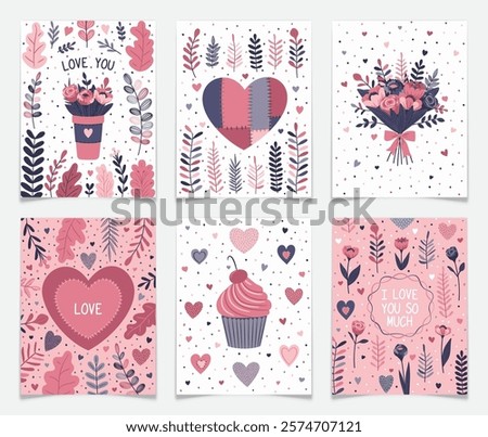 Valentines Day greeting cards set. Pastel colored holiday backgrounds and postcards. Flowers, patchwork hearts, cupcake, bouquet, leaves. Hand drawn doodle romantic elements. Flat vector illustration.