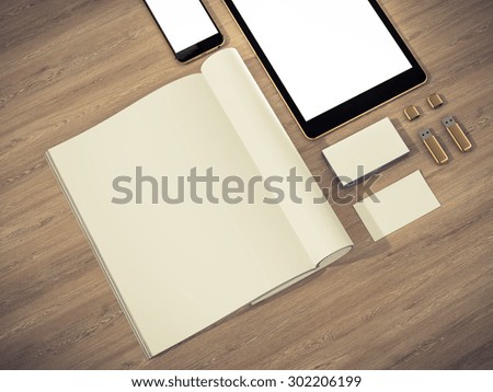 Open magazine, tablet, business cards cover with blank white page mockup on vintage wooden substrate High resolution