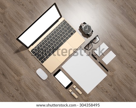 Laptop branding mockup smatrtfon, business cards. High resolution 3d