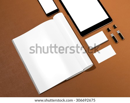 Open magazine, tablet, business cards cover with blank white page mockup on leather substrate. High resolution