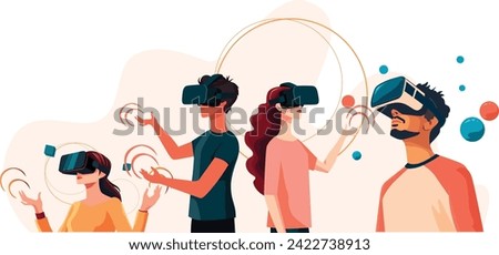 Flat vector collection featuring young people wearing virtual reality glasses. Entertainment meta universe. Interaction and exploration of virtual world