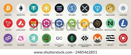 Cryptocurrency Logos and Symbols: Set of Cryptocurrency Token Icons. op Crypto tokens including Bitcoin, Ethereum, Tether, Dogecoin, Solana, Toncoin, Pepe and more.