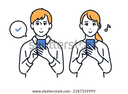 Vector illustration material of young man and woman operating smartphones