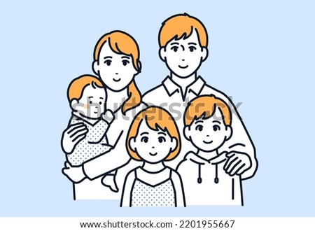 Family of 5: Vector illustration material of a young couple, a baby and 2 children