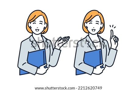 Vector illustration material of a woman in a suit who guides with a smile