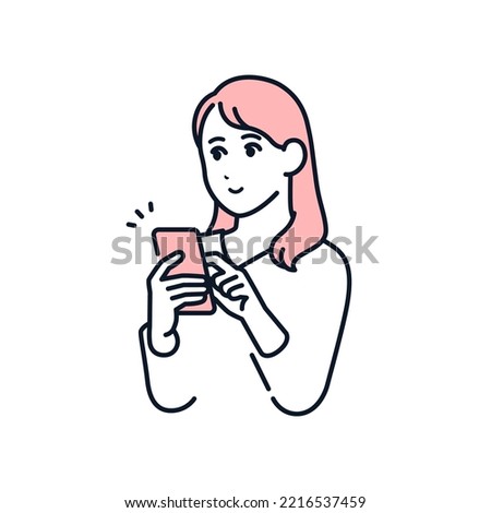Vector illustration material of a young woman operating a smartphone with a smile