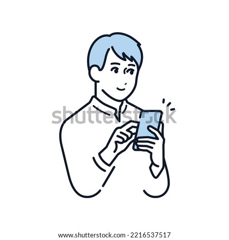 Vector illustration material of a young man operating a smartphone with a smile