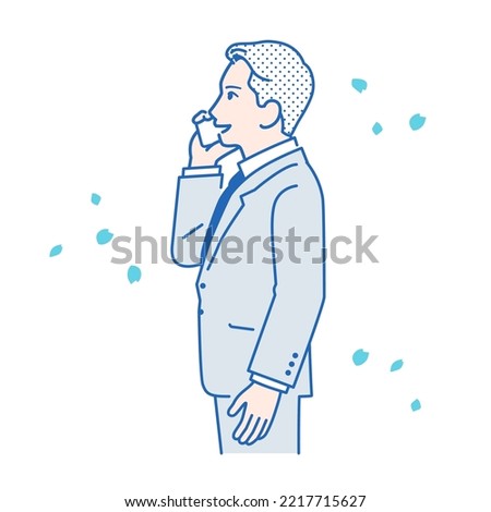 Vector illustration material of a businessman and cherry blossoms talking on a smartphone