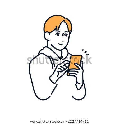 A simple vector illustration material of a young man who operates a smartphone with a smile