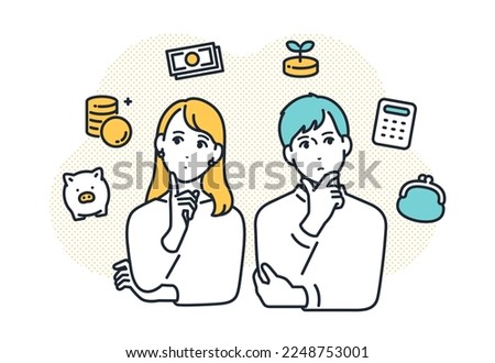 Simple vector illustration material of young men and women thinking about money