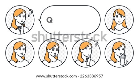 Vector illustration set material of young woman's simple face icon and speech bubble
