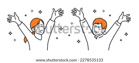 A simple vector illustration material of a young couple who is happy to spread their hands