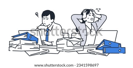Simple vector illustration material of two office workers who are busy with work