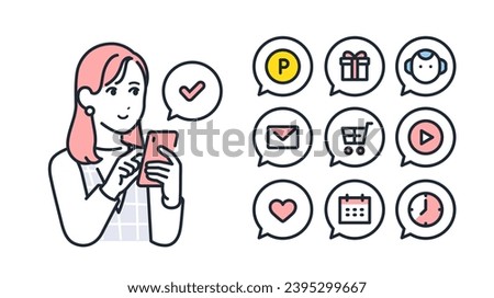 Smartphone and young woman simple vector icon illustration set material