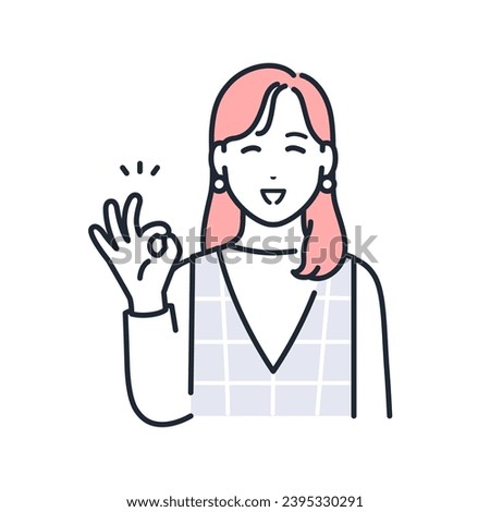 A simple vector illustration of a stylish young woman smiling and giving an OK sign