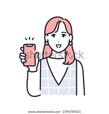 A simple vector illustration of a stylish young woman operating a smartphone with a smile