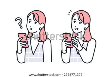 A simple vector illustration set of a young woman with a thinking expression while holding a smartphone and a happy expression with a smile