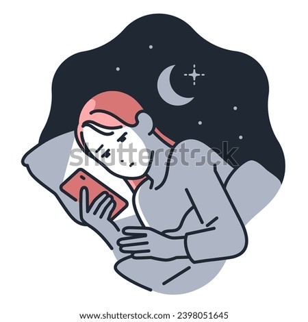 Simple vector illustration material of a young woman looking at her smartphone in the middle of the night