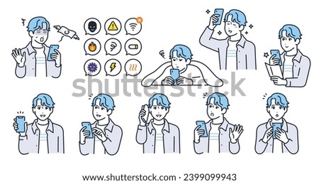 Simple vector illustration set material of smartphone and young man