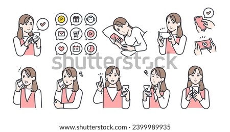 Facial expression variation set of a young woman holding a smartphone