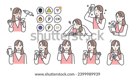 Facial expression variation set of a young woman holding a smartphone